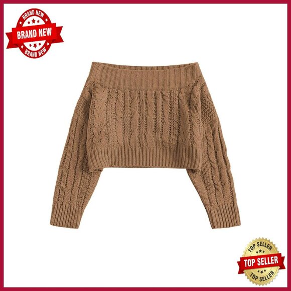 V-Neck Button Knit Crop Sweater Batwing Sleeve Pullover Ribbed Hem